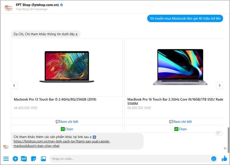 Chatbot FPTShop trên nền tảng FPT.AI Conversation cá nhân hoá giới thiệu sản phẩm tới khách hàng