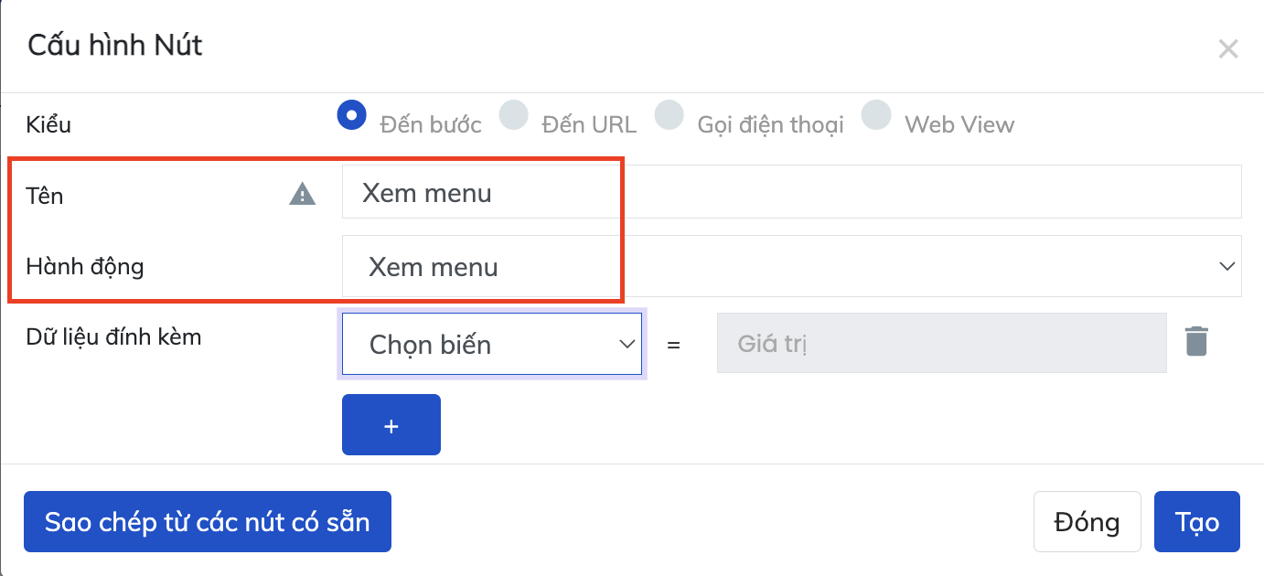 Chọn “Tên” và “Hành động” phù hợp