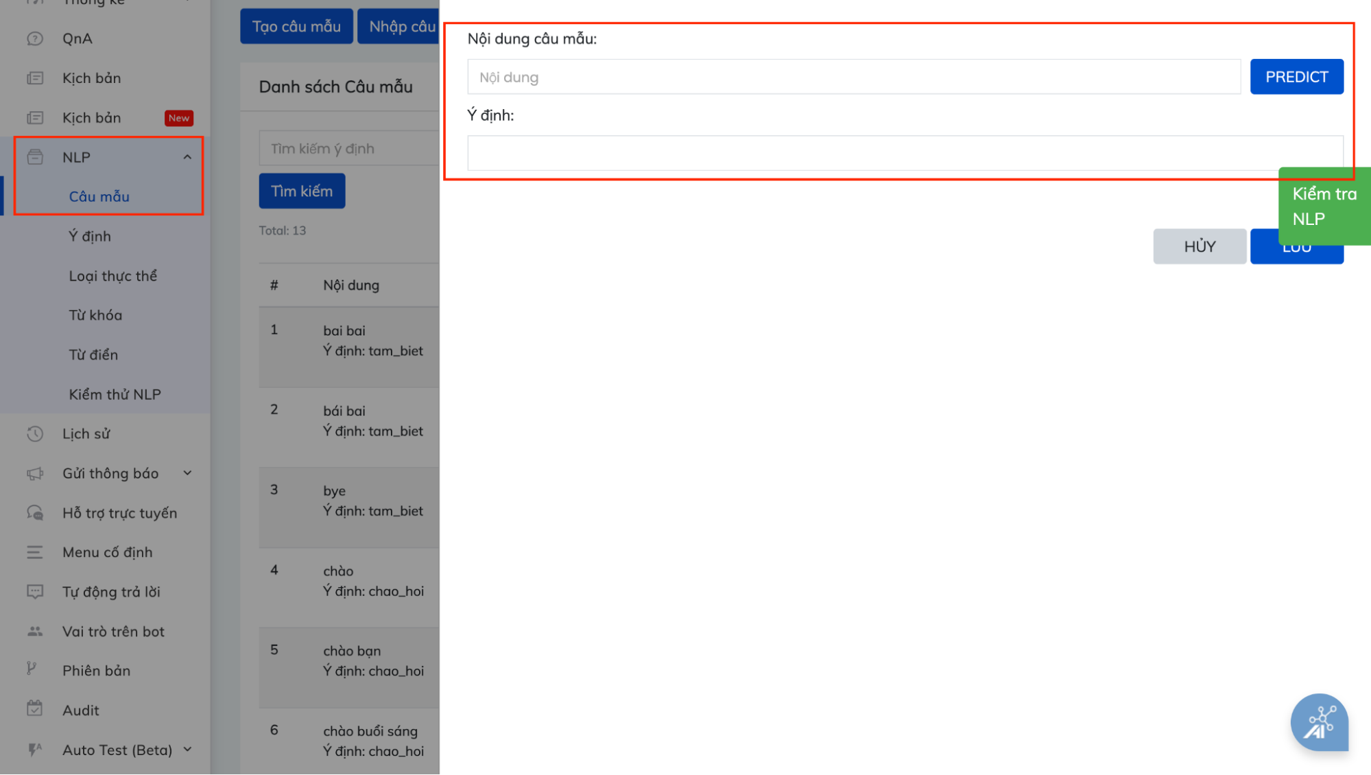 Giao diện dạy bot hiểu câu hỏi