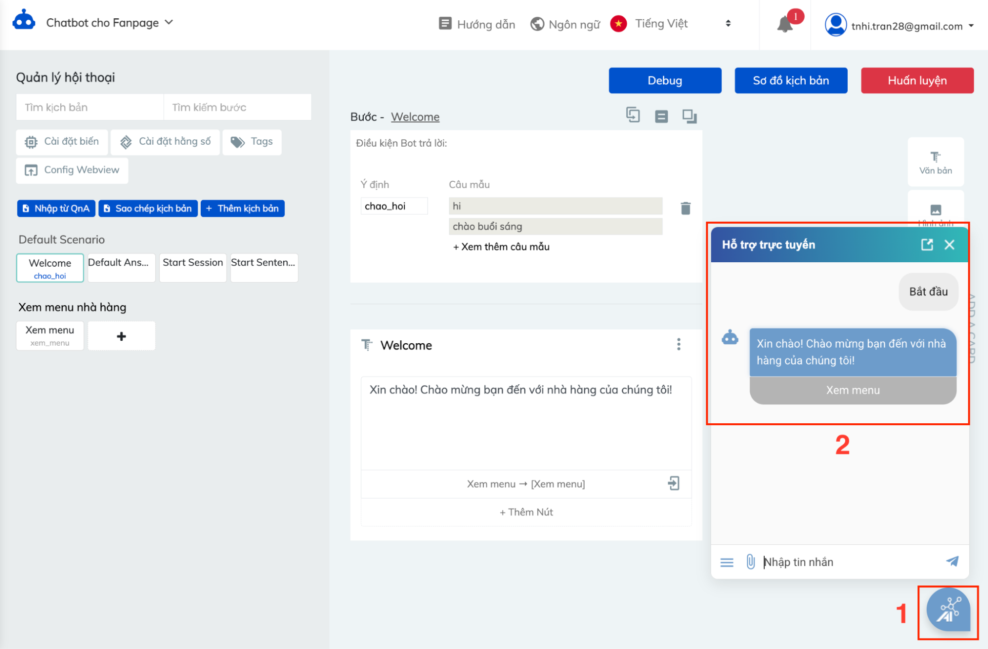 Chat thử với chatbot vừa tạo
