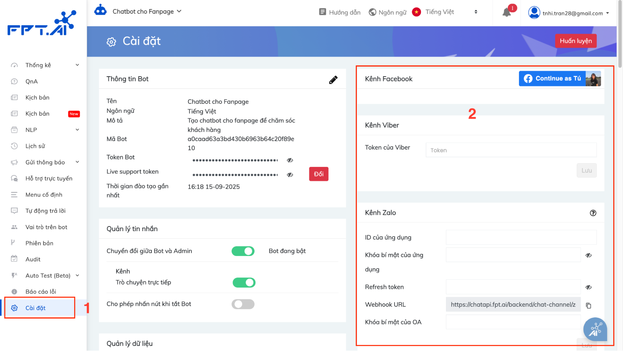 Giao diện kết nối chatbot trên các kênh giao tiếp