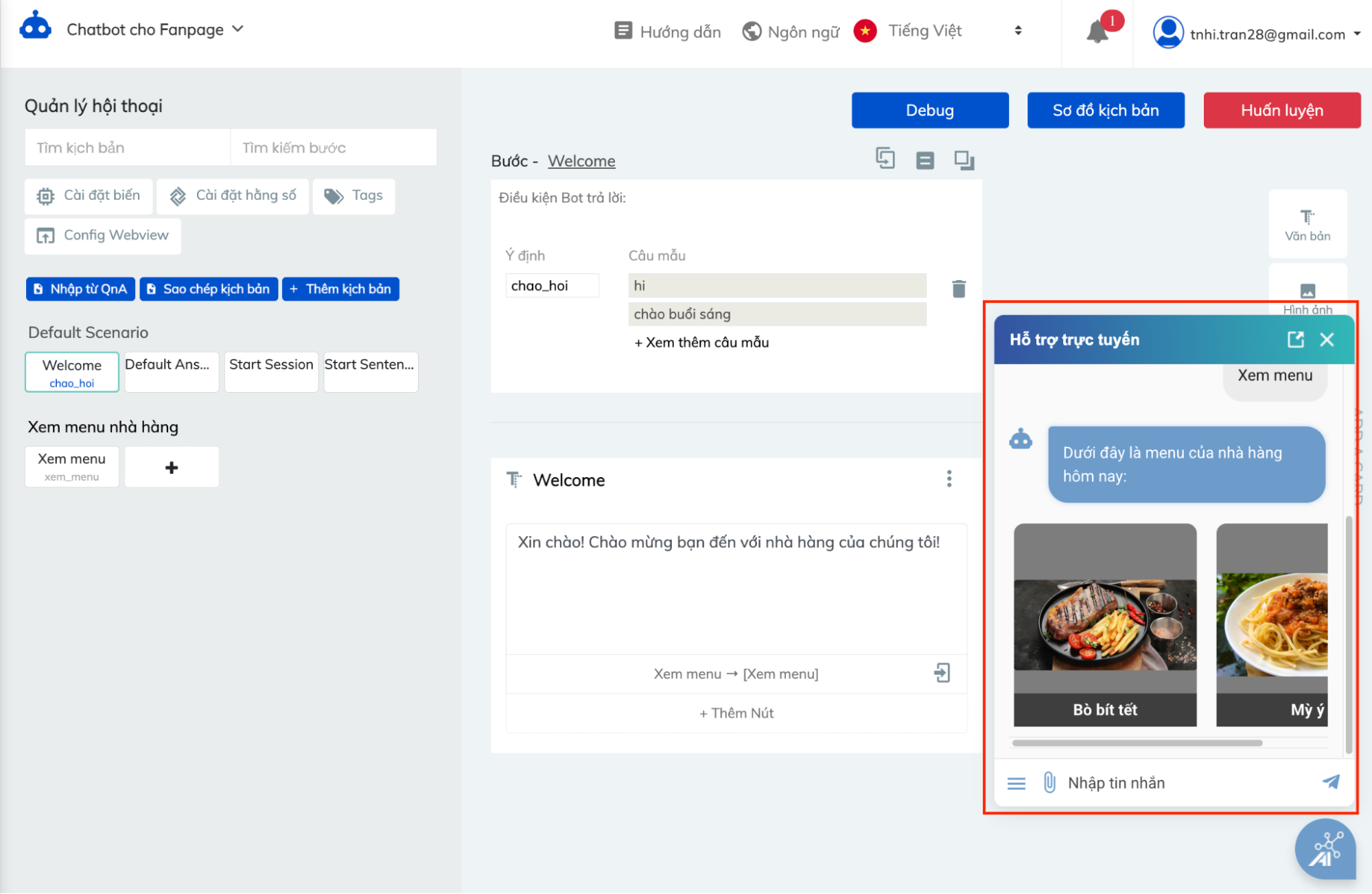 Sau khi nhấn “Xem menu”, chatbot sẽ trả lời theo kịch bản vừa tạo