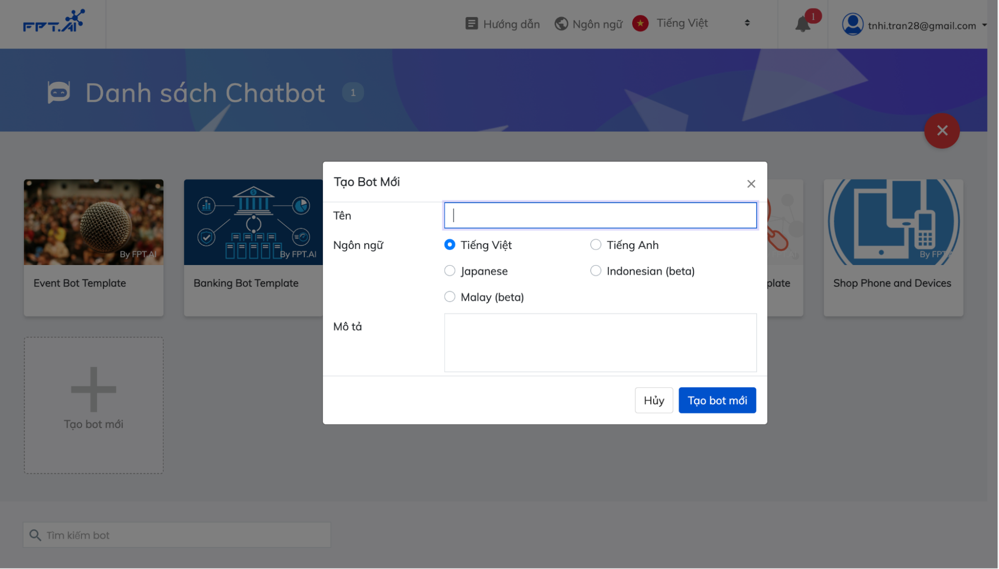 Giao diện chọn/tạo mẫu chatbot