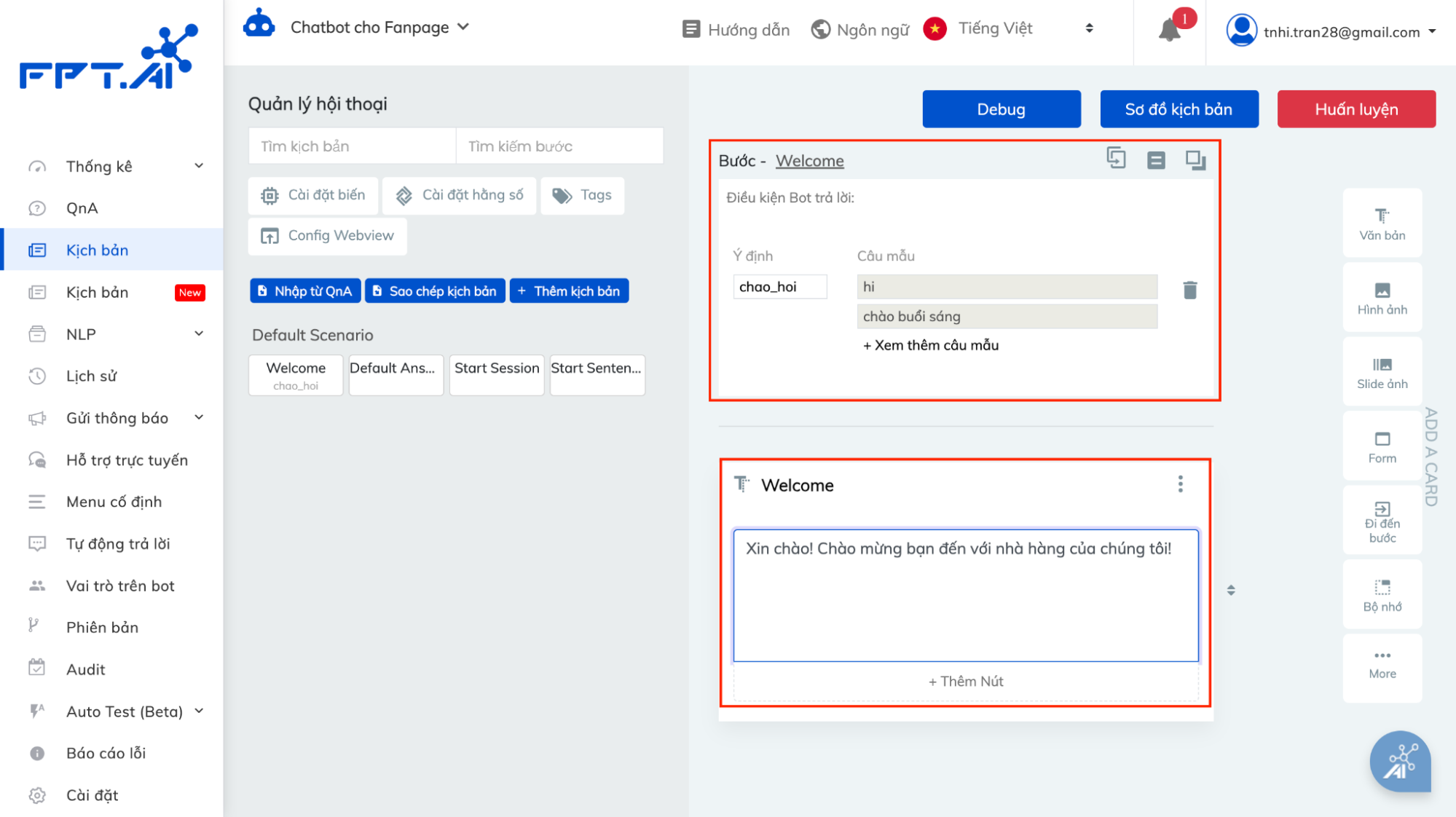 Giao diện thiết lập kịch bản cho chatbot