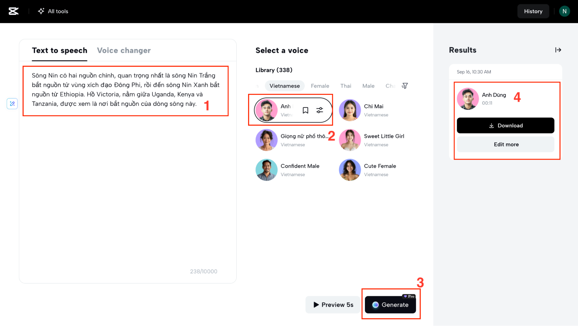Tạo giọng nói AI với CapCut trên website