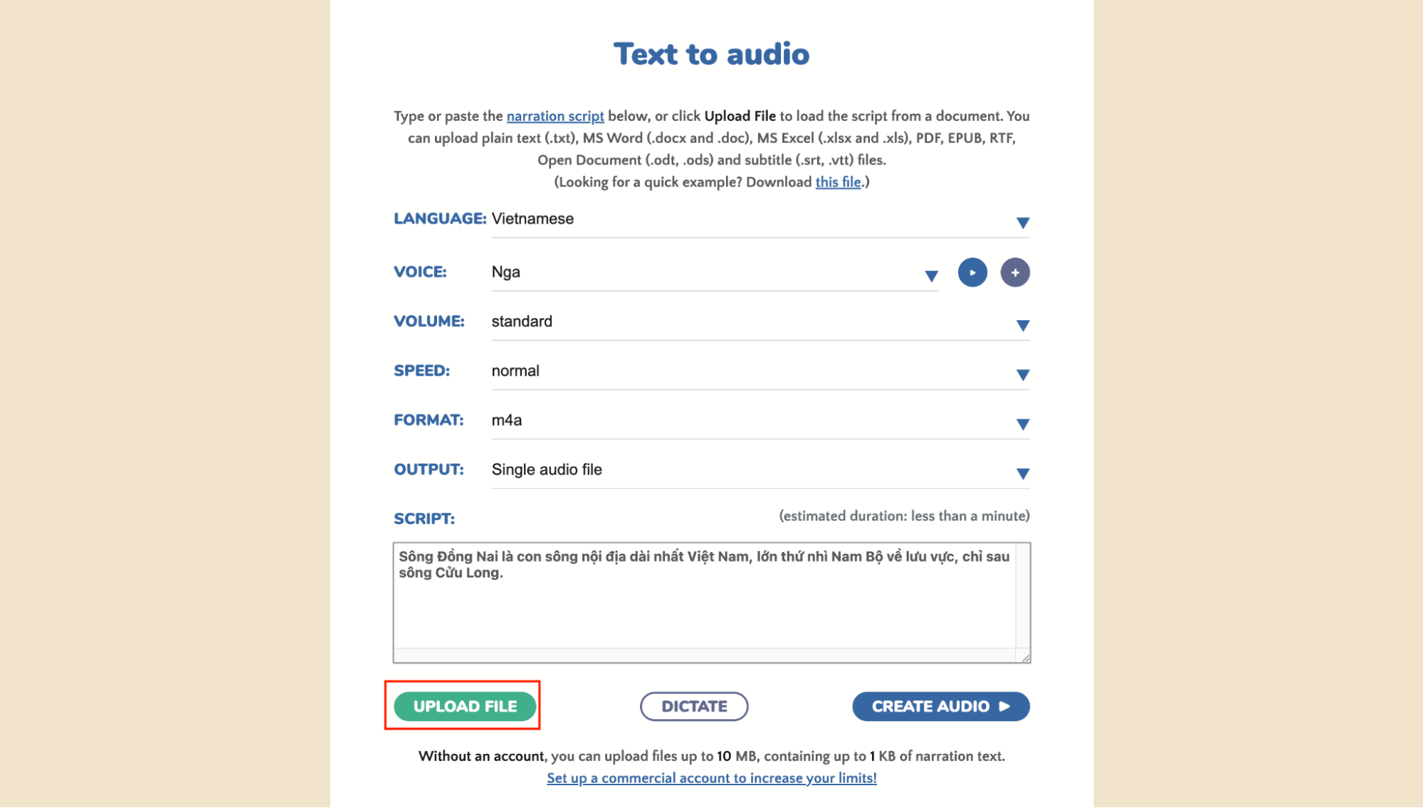 Tải lên file văn bản bằng nút “Upload File” ở “Tùy chọn khác”