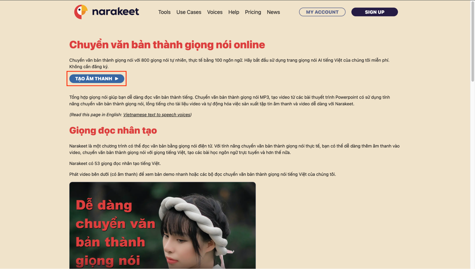 Hướng dẫn chuyển văn bản thành giọng nói tiếng Việt trên Narakeet