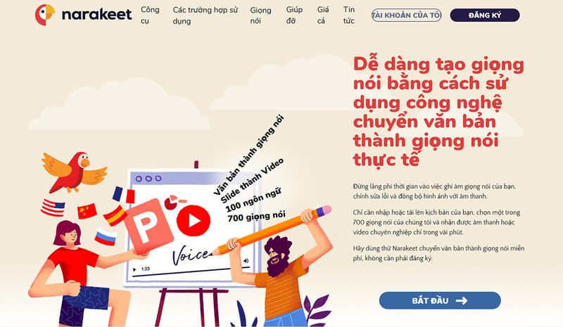 Giao diện website của Narakeet