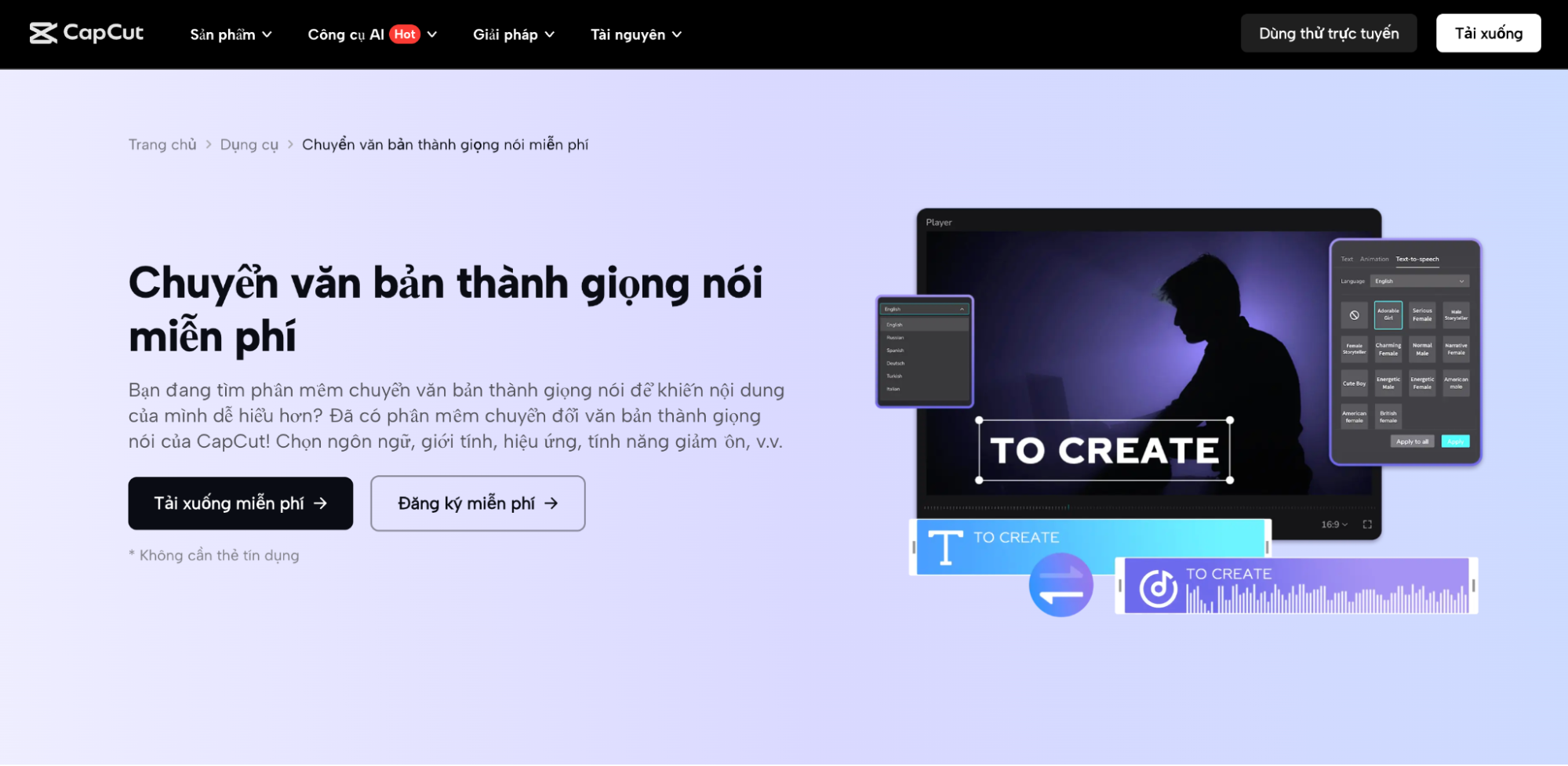 Chọn “Tải xuống miễn phí” hoặc “Đăng ký miễn phí” để sử dụng Text to speech.