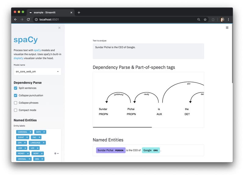 Giao diện sử dụng của SpaCy