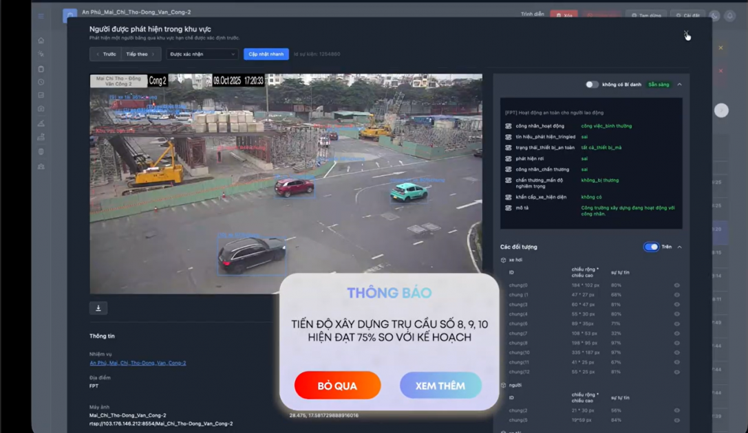 Hình ảnh mô phỏng giao diện ứng dụng AI vào quản lý thi công ứng tại nút giao An Phú, Tp. Hồ Chí Minh 