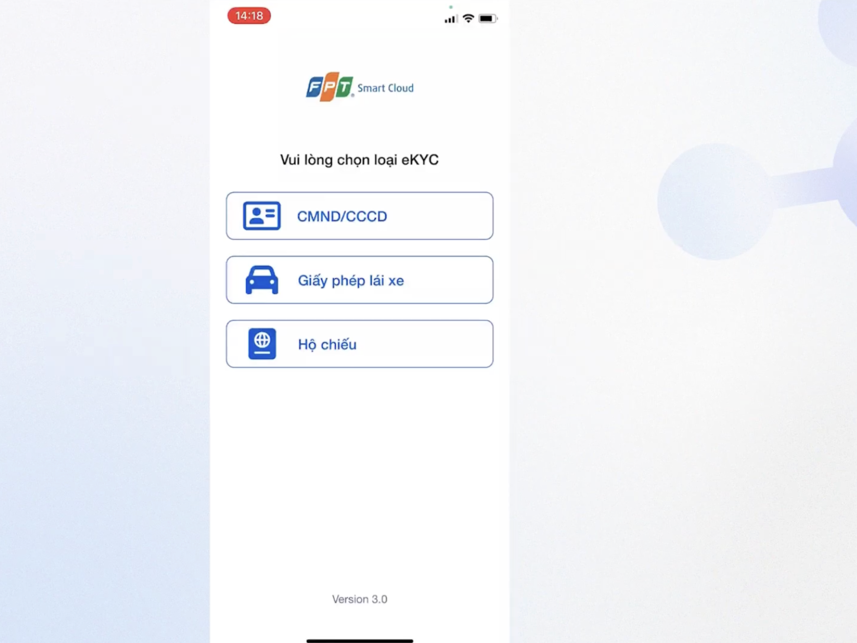 chọn loại eKYC phù hợp như CMND/CCCD, giấy phép lái xe hoặc hộ chiếu.