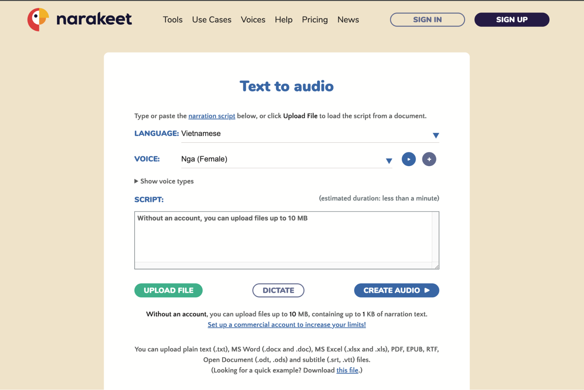 Narakeet cung cấp hơn 800 giọng đọc tự nhiên